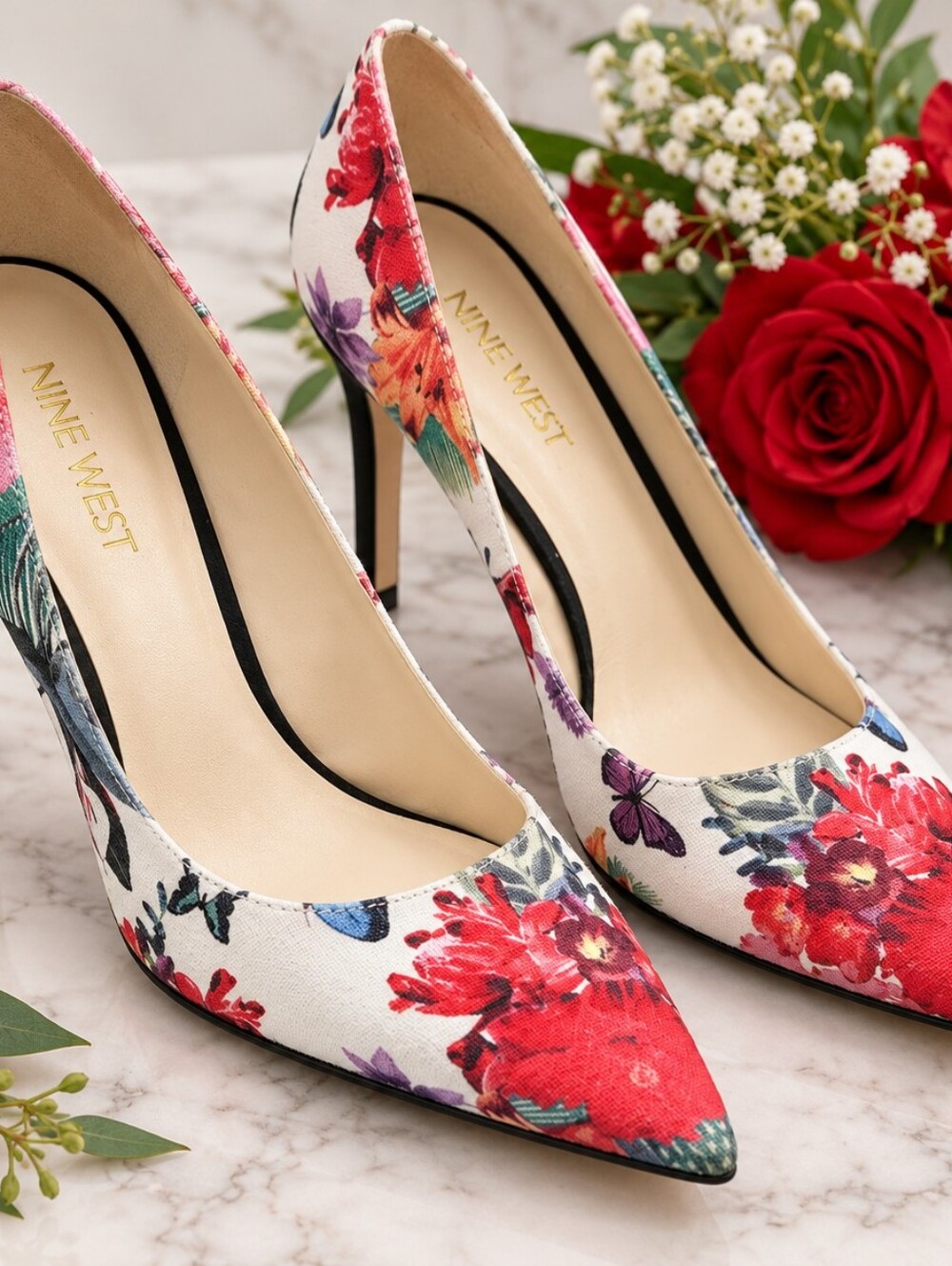 Nine West White Floral Pointed-Toe Pumps with Red Accents